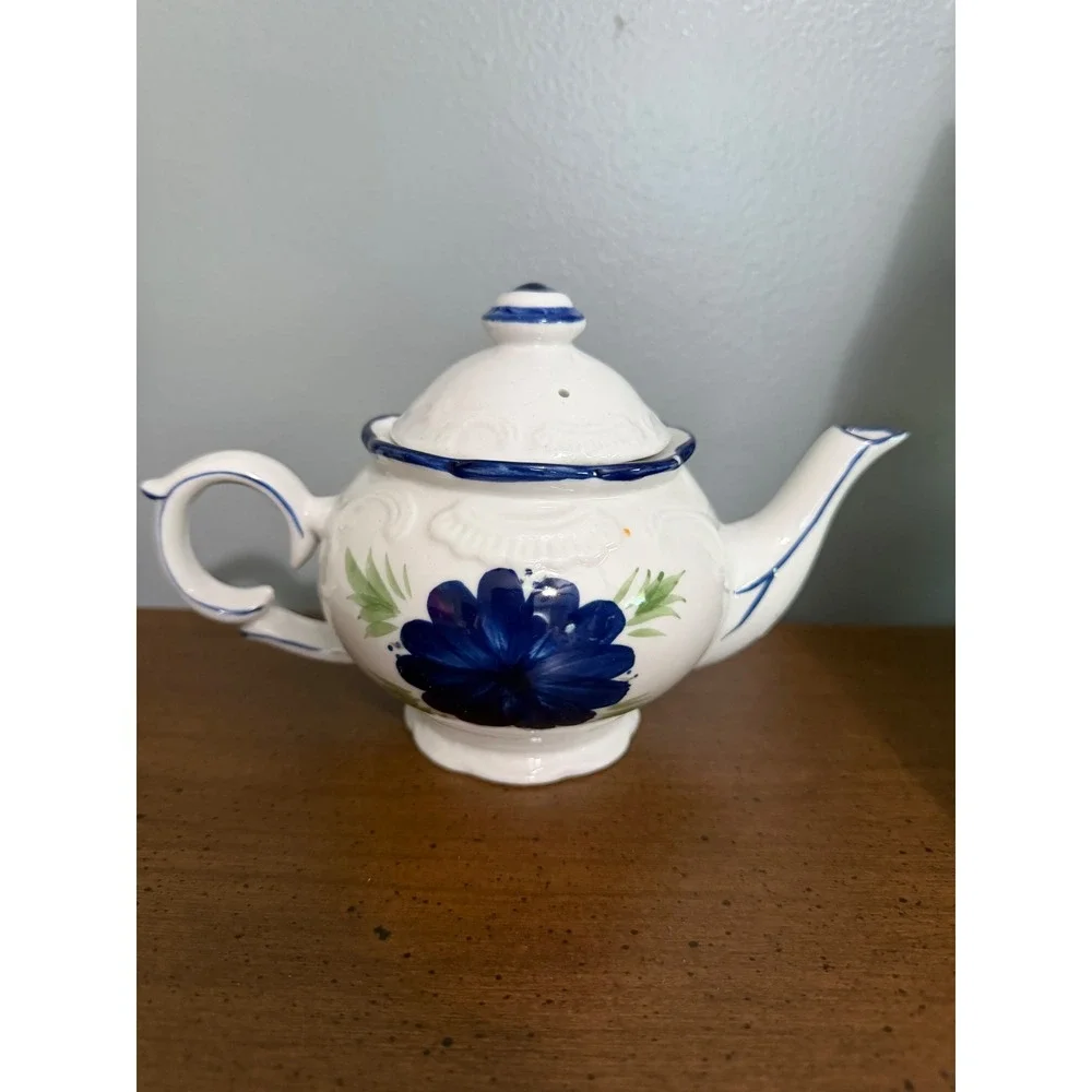 Vintage White Ceramic Teapot Blue Floral Hand Painted Cottagecore Tea Pot Lid